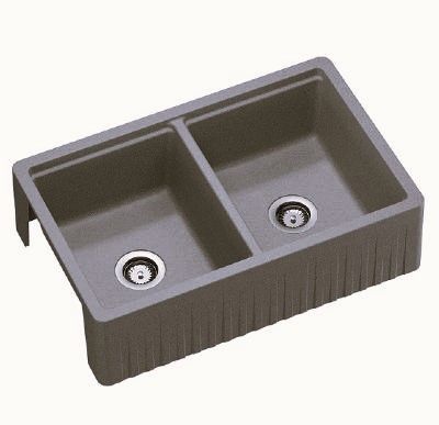 GRANMASTER TAPERED FARMHOUSE QUARTZ BELFAST TITAN GREY DOUBLE BOWL SINK (Reversible - Flat/Ribbed Front), GRA0087